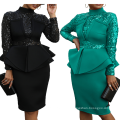 Slim Turtleneck Full Sleeve Sequined Patchwork Peplum Lady Career Dress